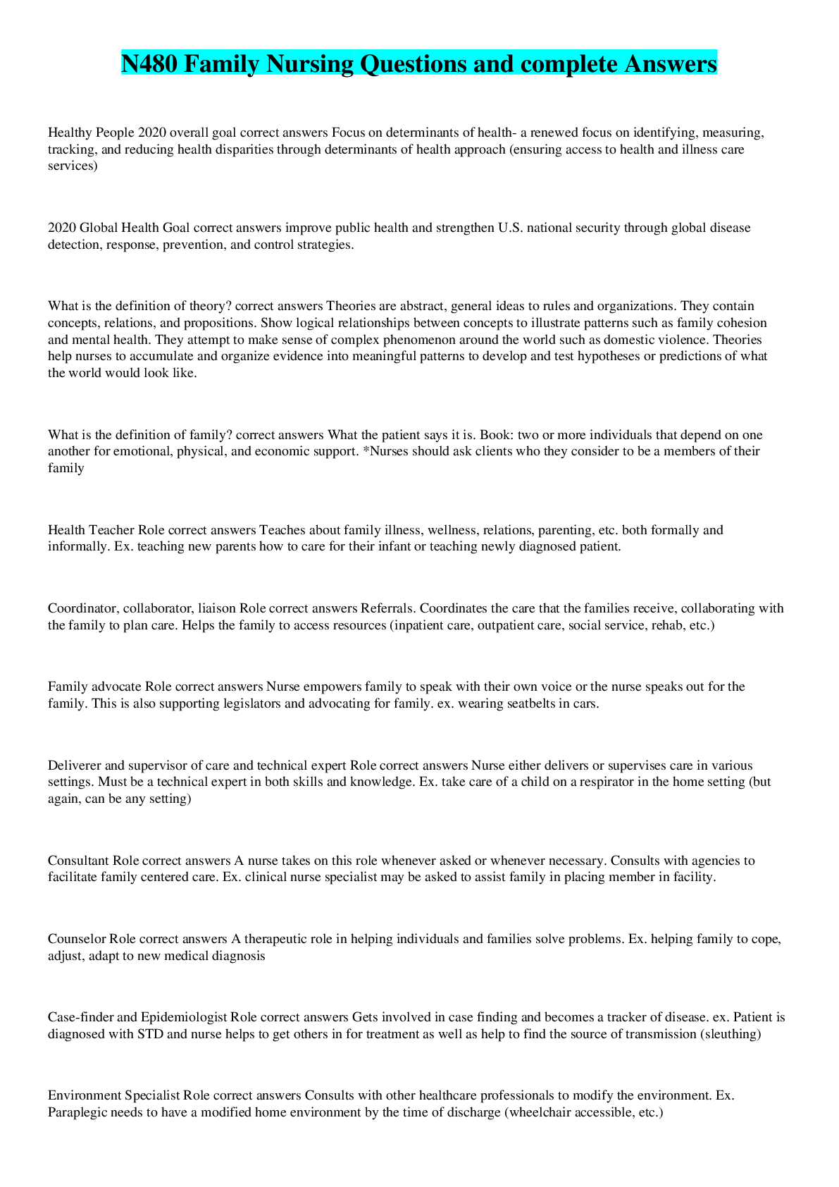 Preview image for N480 Family Nursing Questions and complete Answers